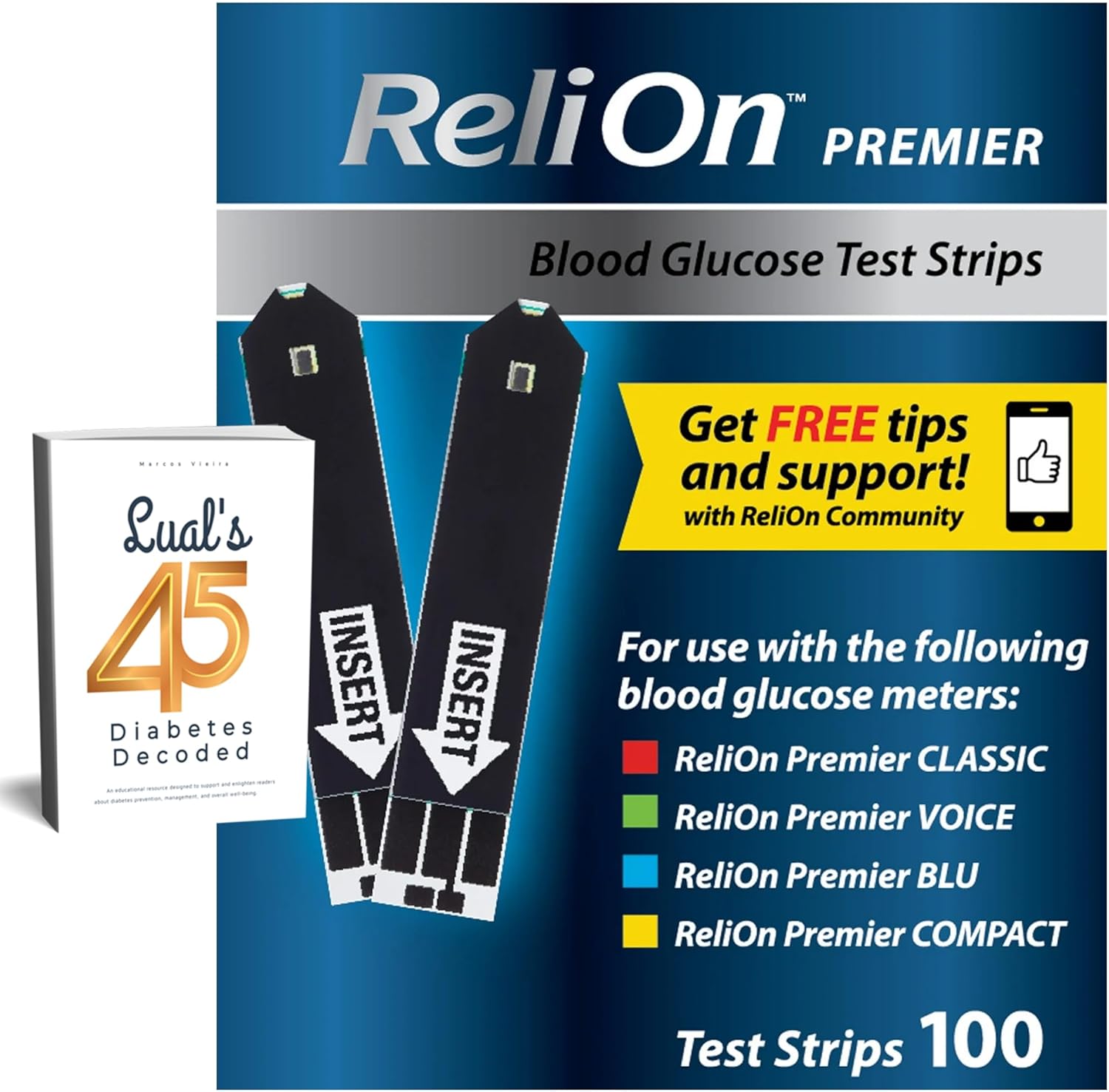 LUAL Premier blood glucose test strips 100 count box front view showing diabetes care monitoring supplies.