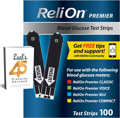 LUAL Premier blood glucose test strips 100 count box front view showing diabetes care monitoring supplies.
