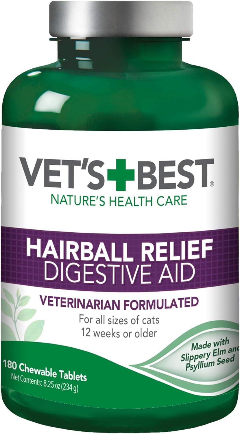 Full view of Vet's Best cat supplement bottle focusing on natural psyllium seed and slippery elm contents