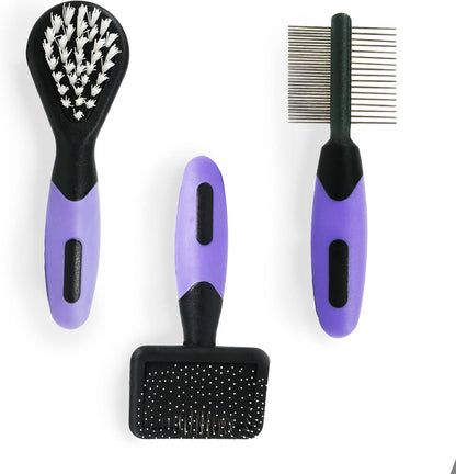 Rosewood miniature pet slicker brush with lavender and black comfort grip handle