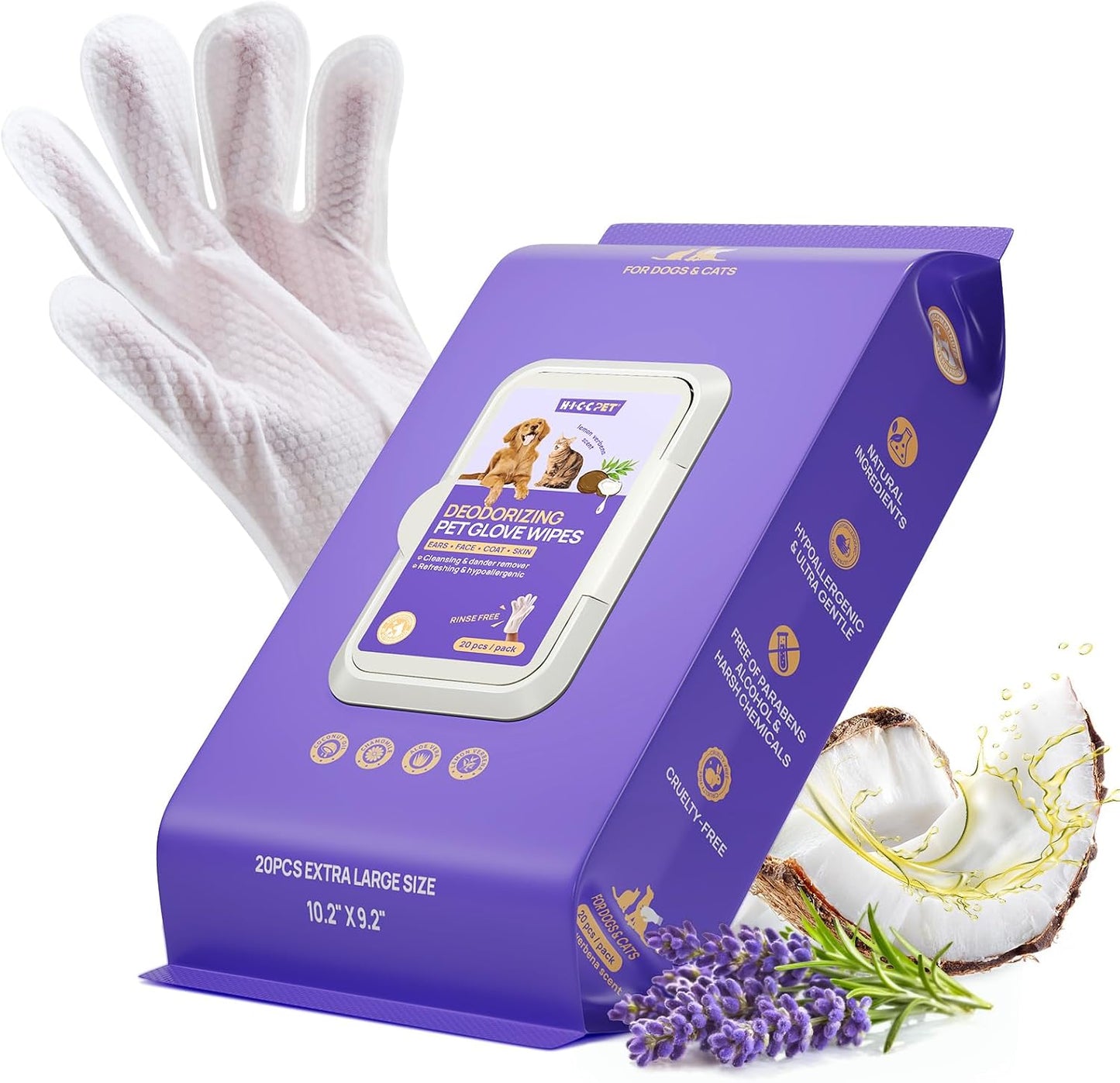 HICC PET Dog Wipes Cleaning Deodorizing Glove Wipes for Dogs, Cats & Horses, Vet Recommended Hypoallergenic Hydrating & Nourishing Pet Wipes for Eyes, Ears, Butt & Paws, No-Rinse, 20pcs Coconut Scent - Image 14