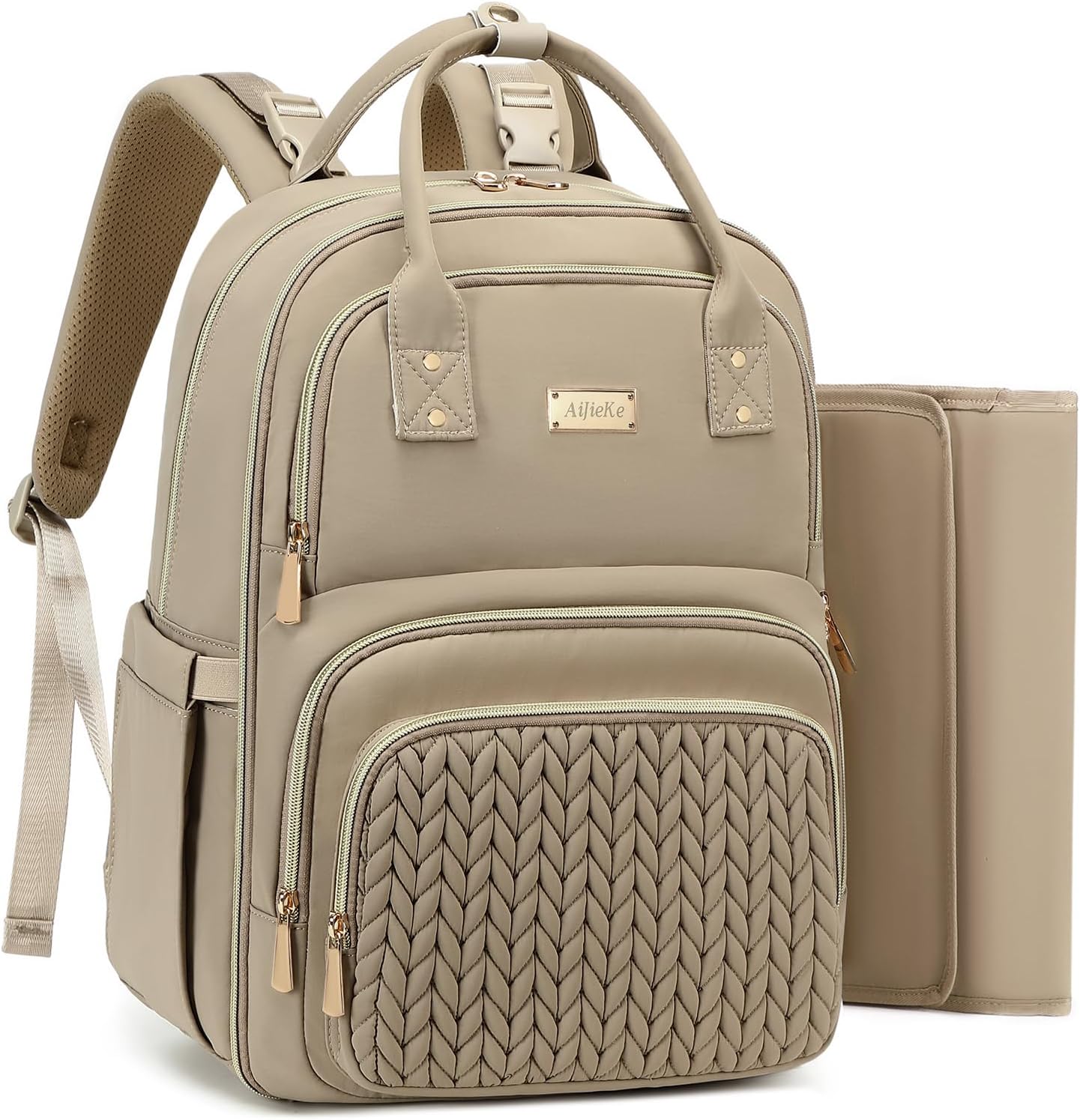 AIJIEKE Diaper Bag Backpack front view in brown taupe showing quilted pocket