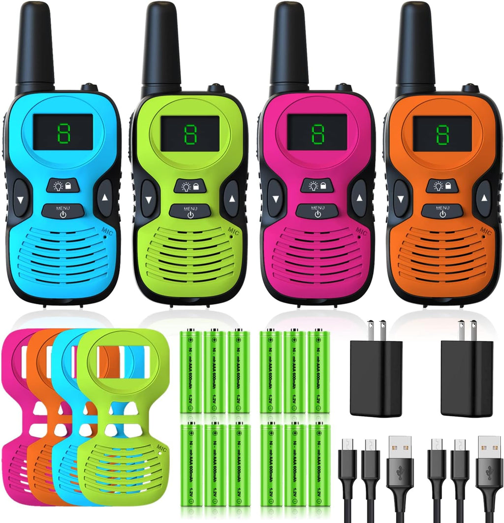 Jueion rechargeable kids walkie talkies four pack front view showing green orange blue and red colors