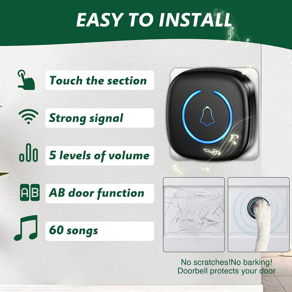 Dog Door Bell for Potty Training, Smart Wireless Doggie Doorbell to Go Outside, 1000 Feet Long Range with IP65 Waterproof Super-Light Touch Button, 60 Melodies & Adjustable Volume (2 Button) - Image 6