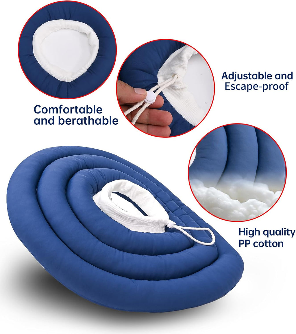 Dog sleeping comfortably with a blue soft donut recovery collar around its neck