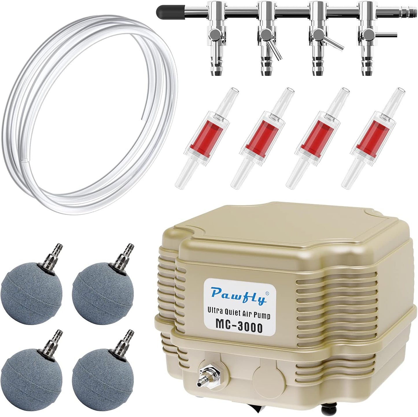Pawfly 254 GPH adjustable quiet oxygen aerator pump packaging box displaying the technical specifications