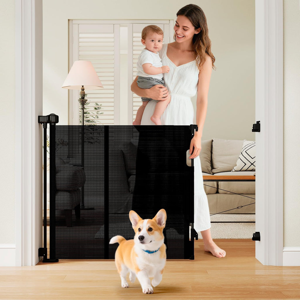 Miumoon retractable baby gate front view installed in an open hallway