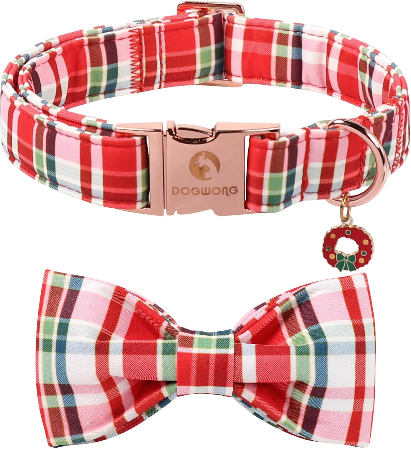 DOGWONG Christmas plaid dog collar with bow tie front view