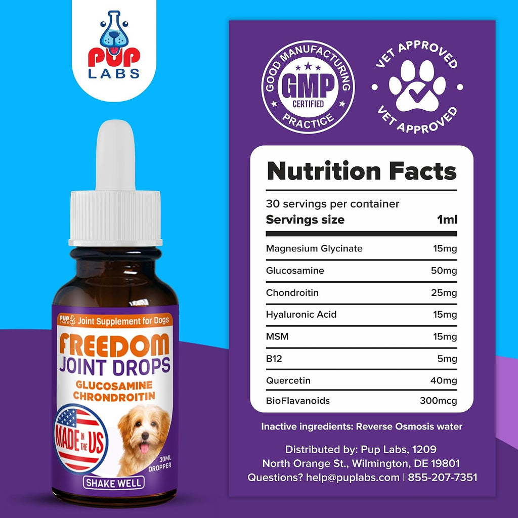 Freedom Joint Drops for Dogs with Hyaluronic Acid, MSM, Glucosamine, & Chondroitin, All Natural Liquid Joint Supplement for Dogs for Pain Relief, Mobility and Hip Support, 30 ml Dropper - Image 9