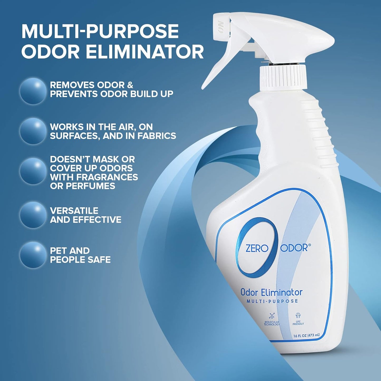 Patented molecular technology odor eliminator bottle showing 16 ounces trigger spray nozzle.