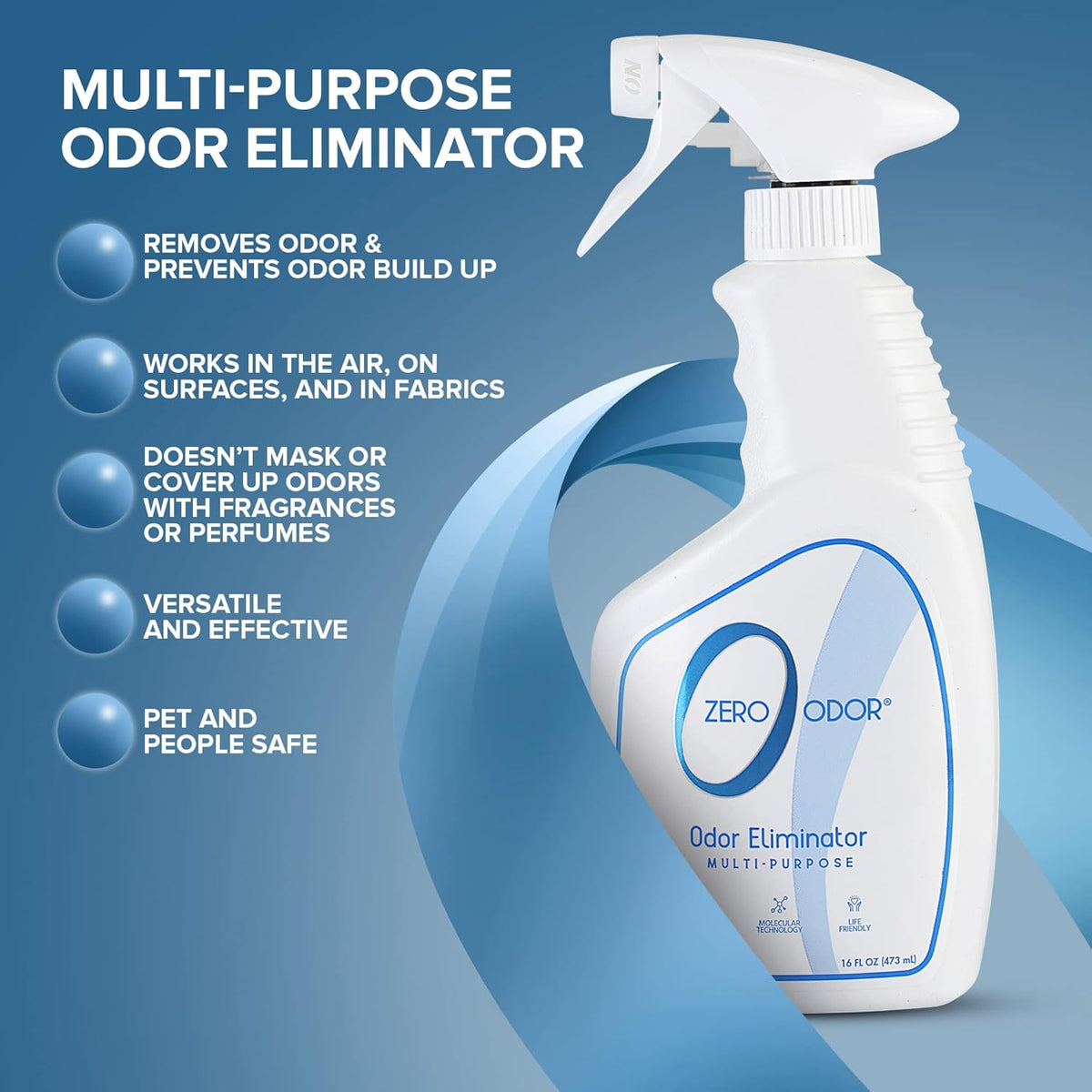 Patented molecular technology odor eliminator bottle showing 16 ounces trigger spray nozzle.