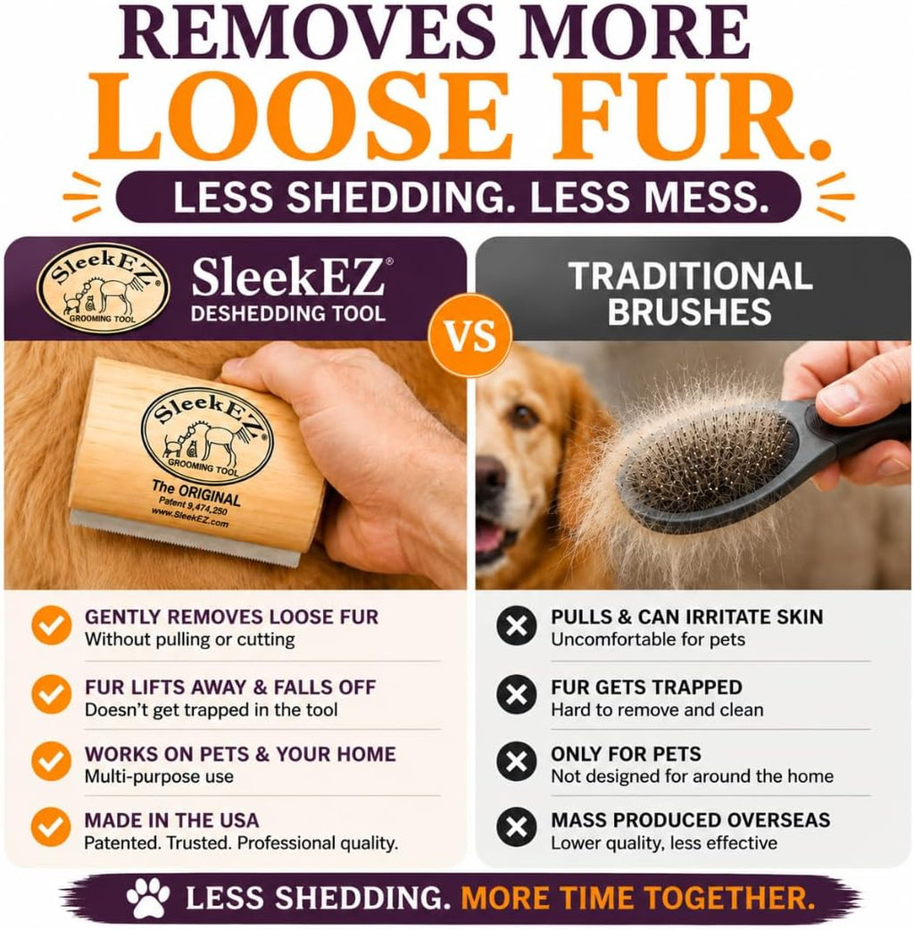 Sleekez pet brush showing natural wood handle