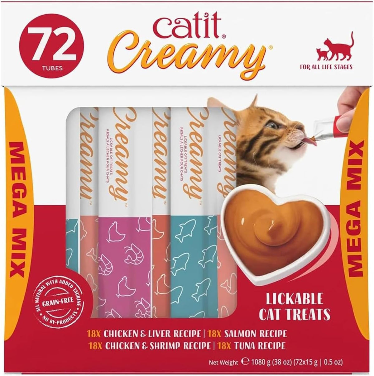 Catit Creamy Lickable Cat Treats front view variety pack box for interactive feeding.