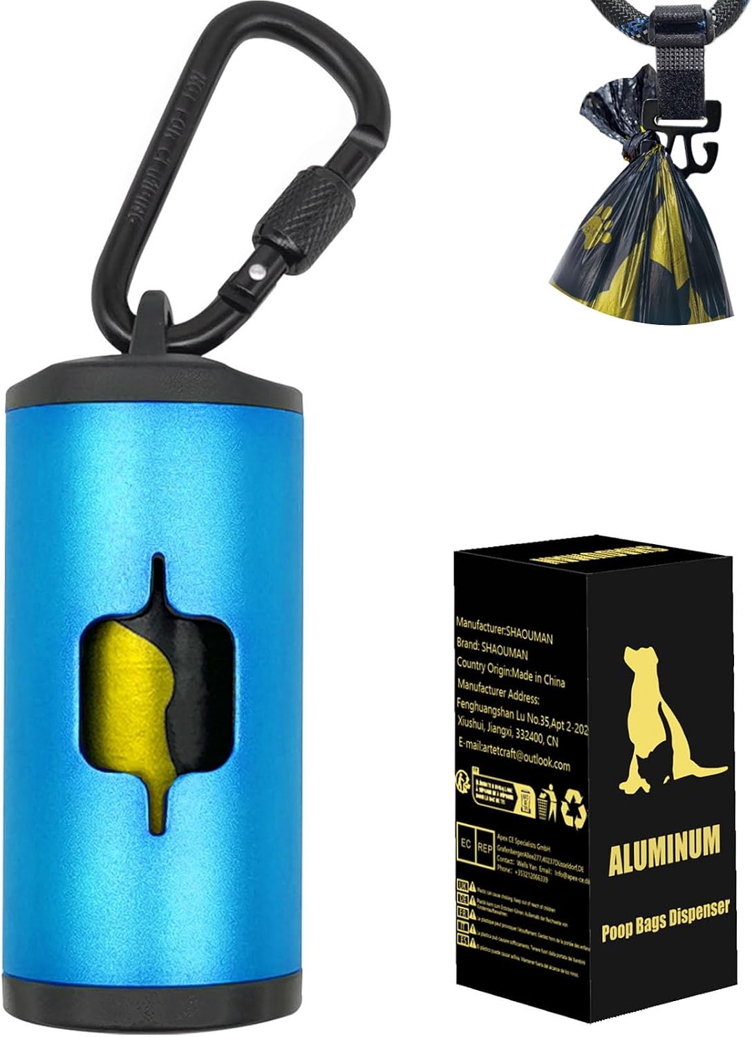 Unboxing view of the SHAOUMAN 2-count black metal pet waste management kit with all lockable keychains and fasteners spread out.