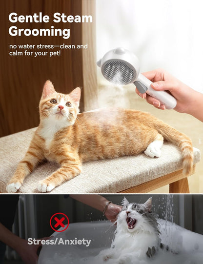 Rear view of the cat steam brush highlighting the one-touch self-cleaning hair release button
