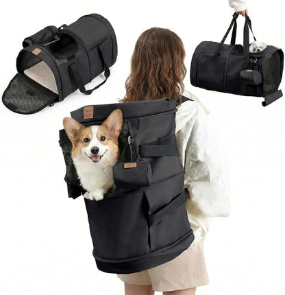 Dog Backpack Carrier - Comfortable Travel Bag for Pets -Khaki | Adjustable straps & safety leash. Handheld, backpack & trolley carry. Top & side openings for pet access. 30 lbs capacity. - Image 9