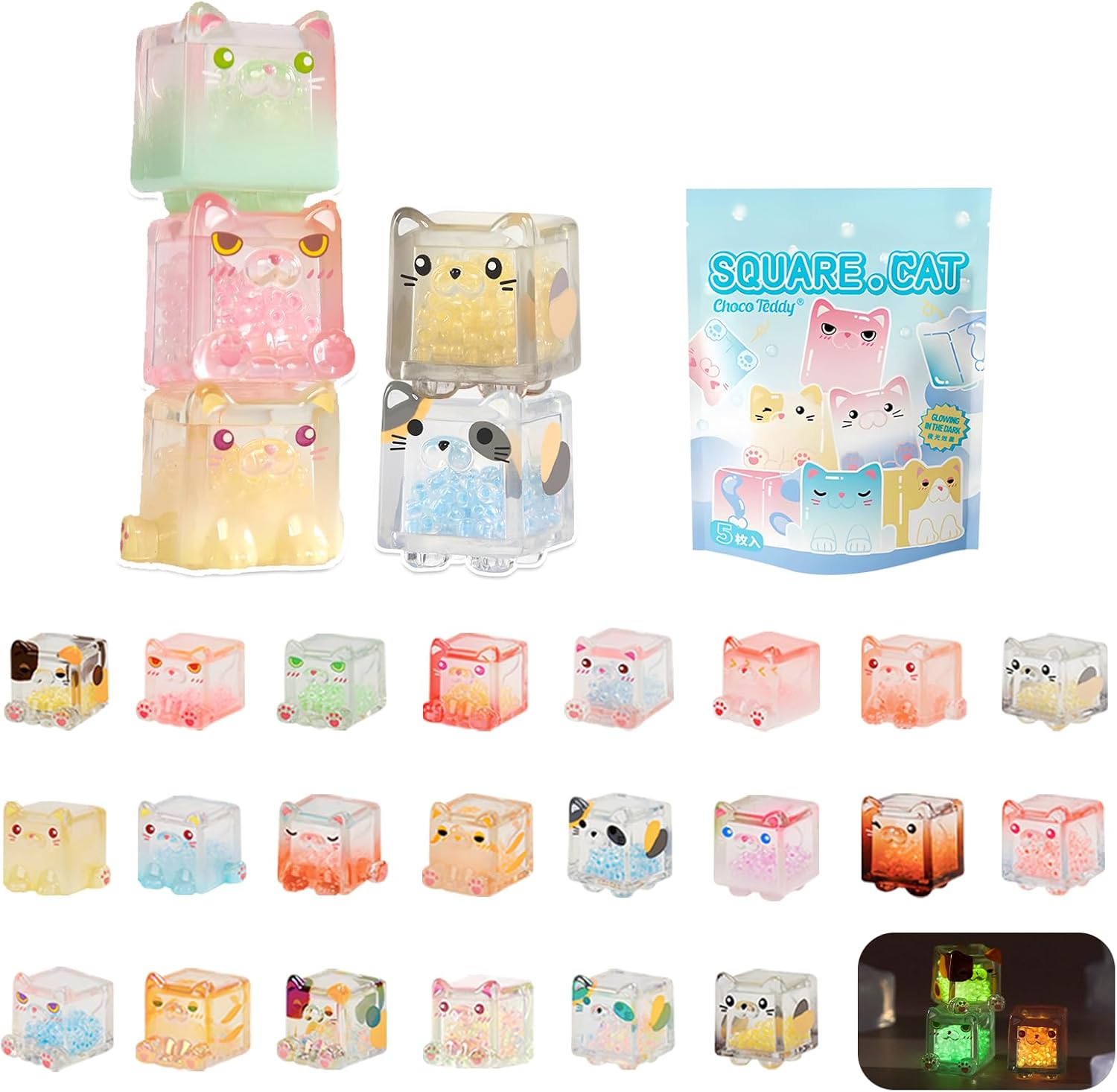 Glow in The Dark Figure, Square Cat Series Blind Box (5 Figures per Box) Random Style Action Figure Cute Blind Bag Collectible Toys - Mini Figures Mystery Box for Cat Lovers Birthday Gift & Desk Decor - Image 1