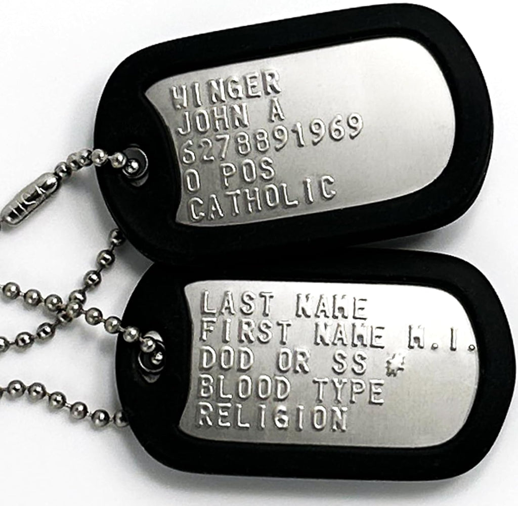 Tag-Z Personalized Military Dog Tags front view showcasing authentic embossed regulation text.