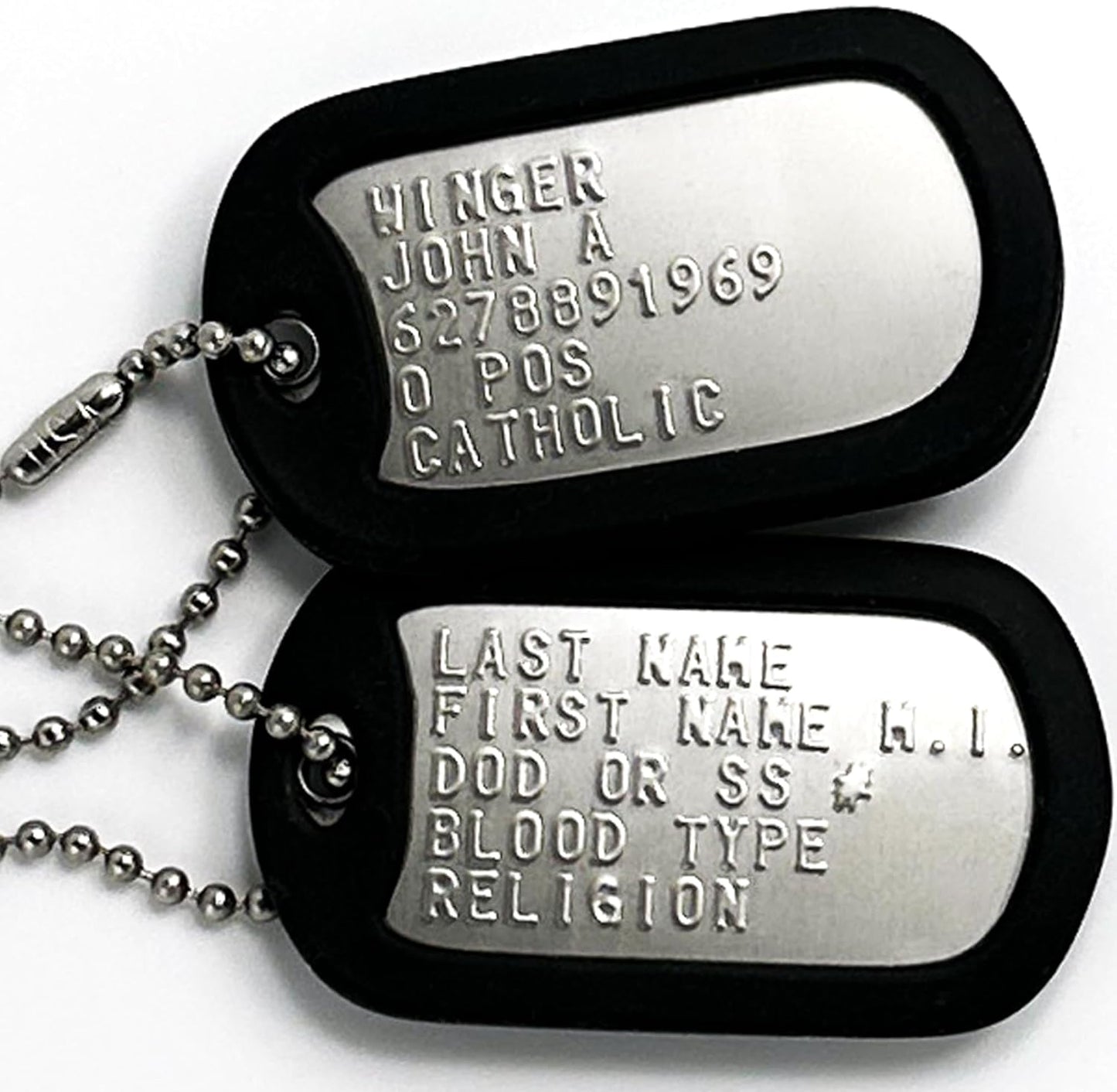 Tag-Z Personalized Military Dog Tags front view showcasing authentic embossed regulation text.