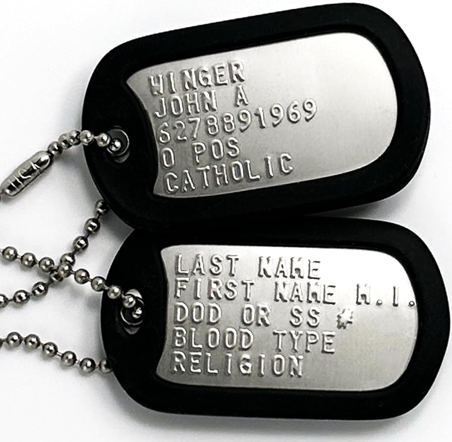 Tag-Z Personalized Military Dog Tags front view showcasing authentic embossed regulation text.