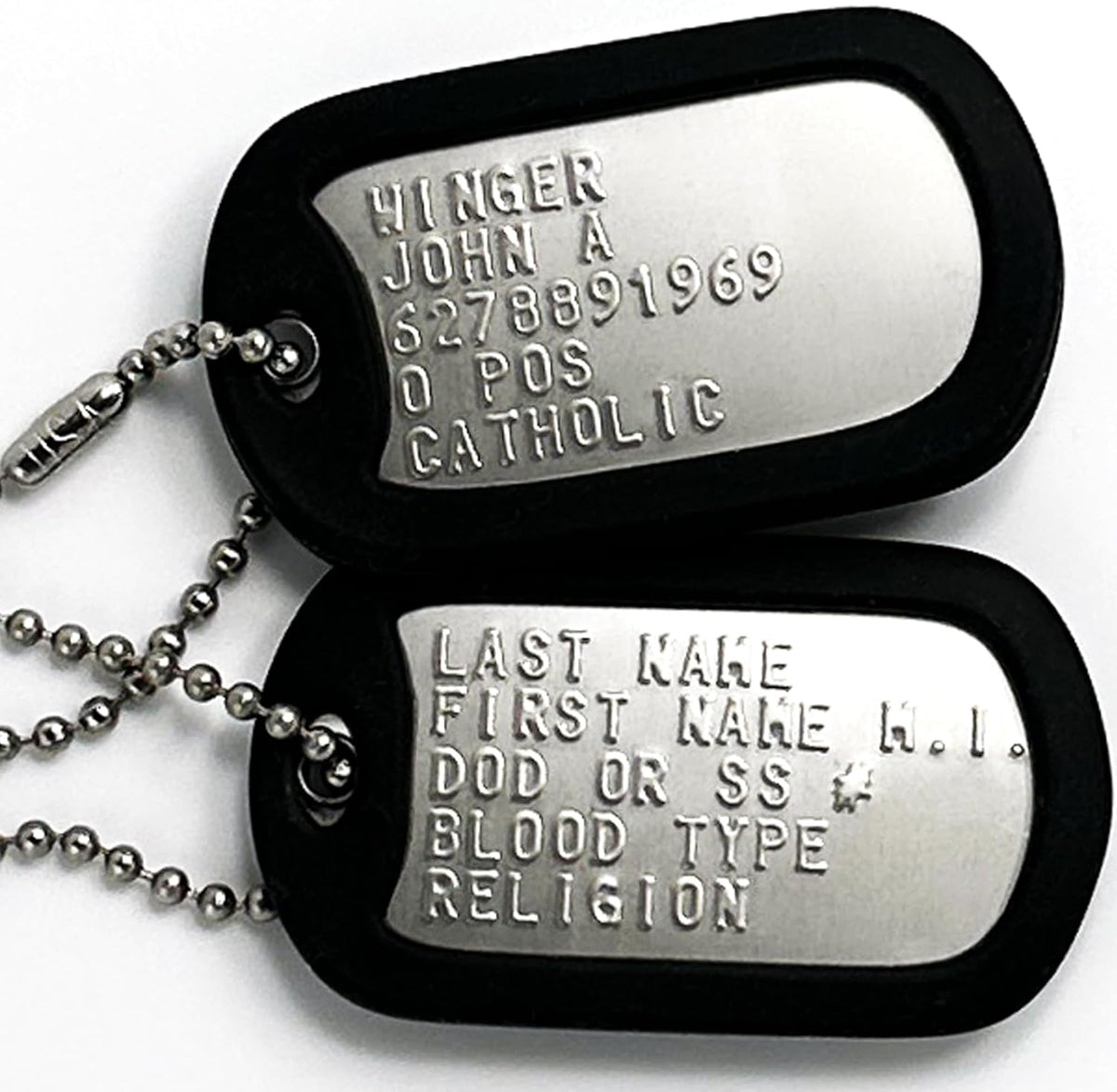 Tag-Z Personalized Military Dog Tags front view showcasing authentic embossed regulation text.