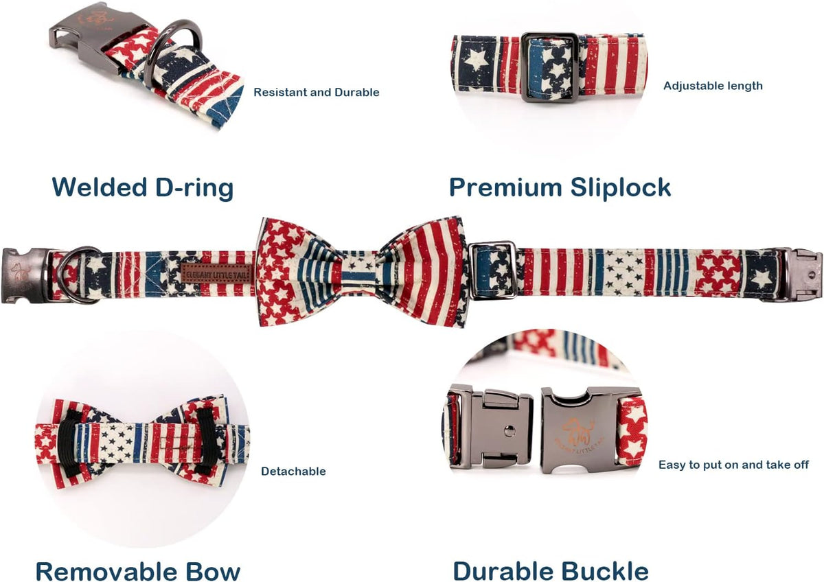 Close up of American flag print cotton bowtie for dogs