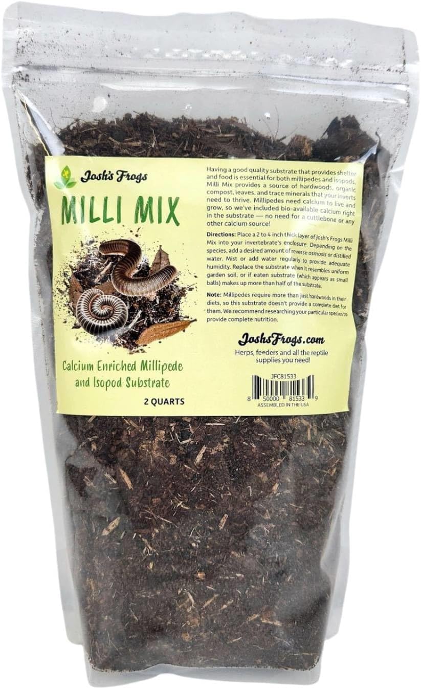 Josh's Frogs Milli Mix Calcium Enriched Millipede and Isopod Substrate front package view for bioactive terrariums