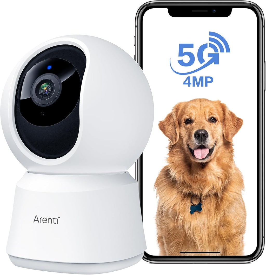 Arenti 5G indoor security camera front view showcasing white dome design.