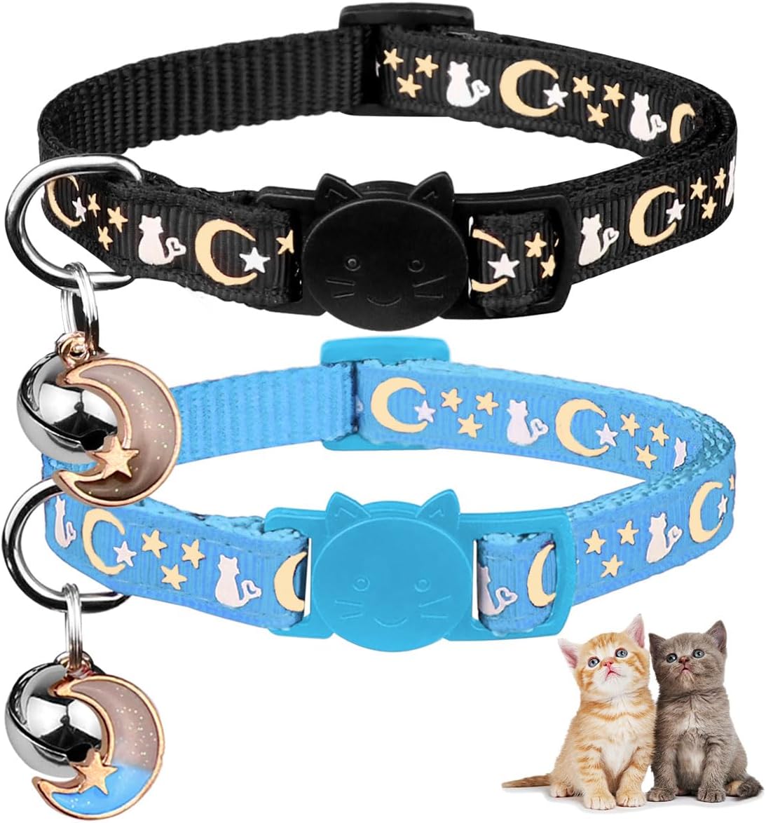 Baeuppit 2PCS Breakaway Cat Collars with Bell Cute Kitty Glow in The Dark Adjustable Kitten Collars(Grey&Black) - Image 14