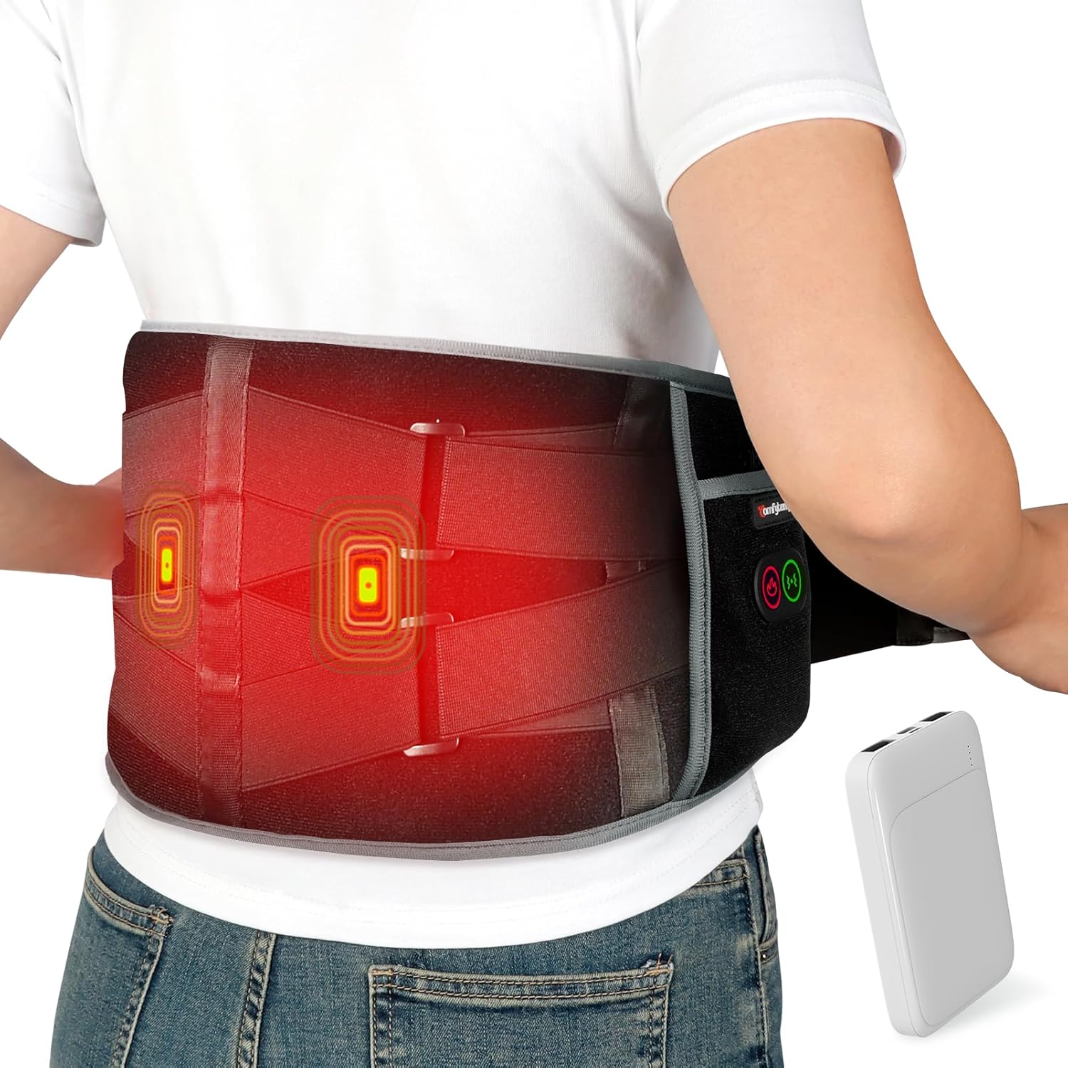 Comfytemp cordless heating pad front view showing the wearable lumbar belt design for back pain relief.