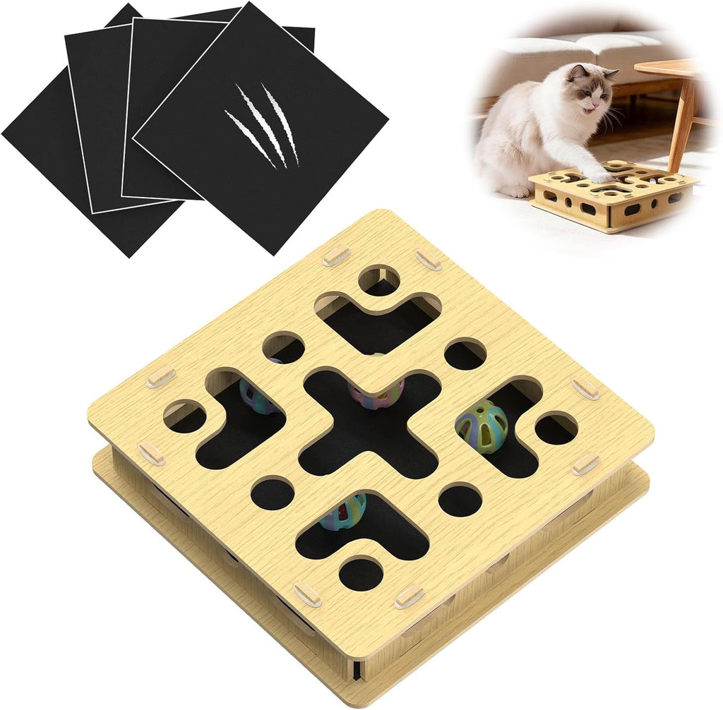 Cat Nail File Box with 3 Sandpaper Pads & 4 Bell Balls, EIODEAR Sturdy Wood Self-Grooming Scratcher for Treat-Motivated Cats, Interactive Cat Scratch Puzzle Enrichment Box with Silicone Security Rings - Image 10