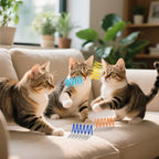 Adult domestic cat carrying a bright green spiral spring toy in its mouth.