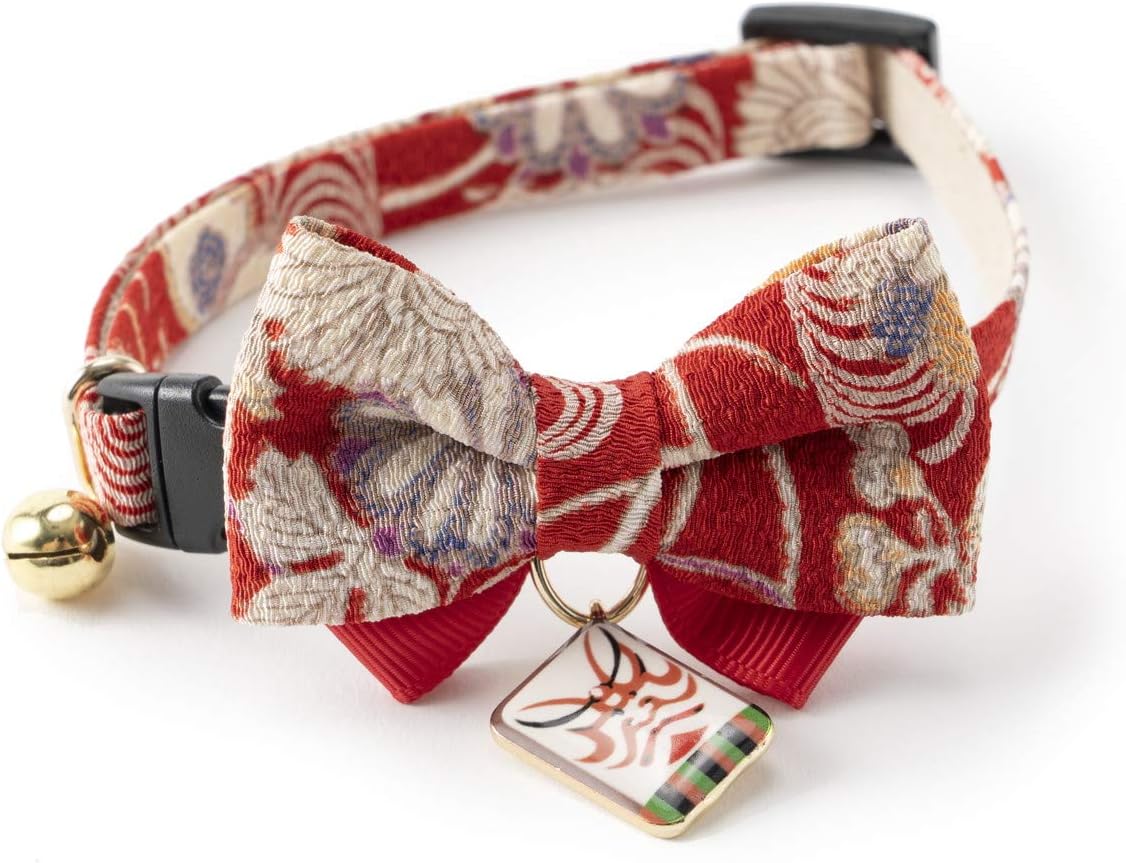 Necoichi Red Kimono Cat Collar close-up of bow tie