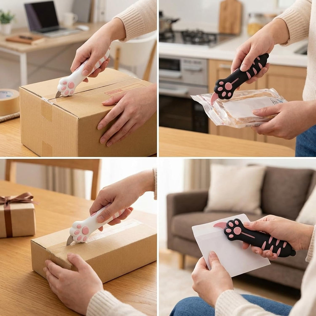Compact safety box cutter next to a cardboard shipping package