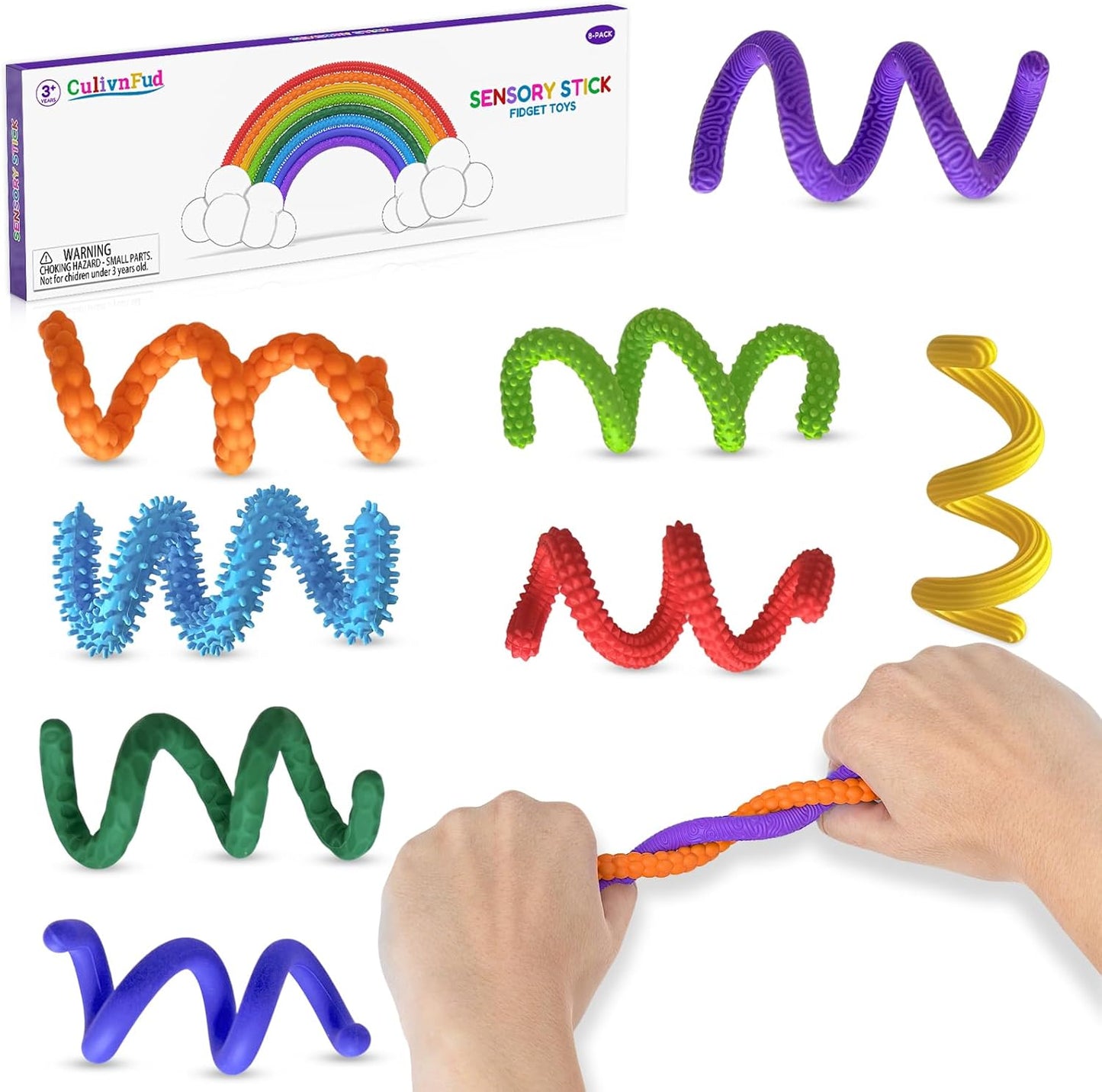 MEIEST Fidget Toys Sensory Sticks front view pack of eight colorful textured silicone toys for anxiety relief