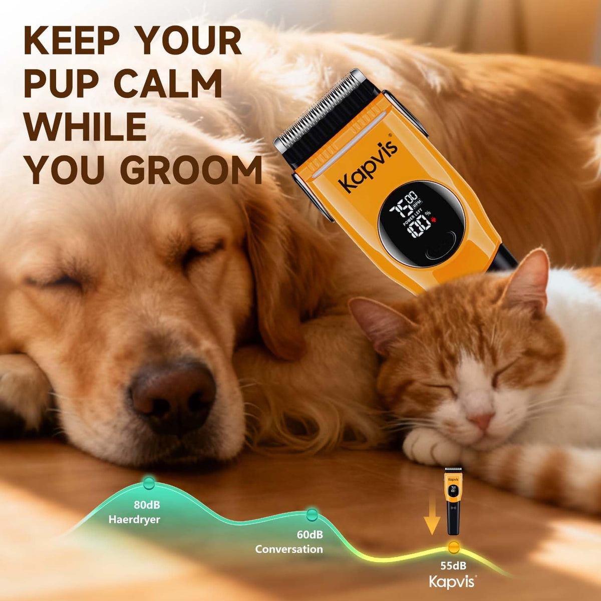 Kapvis pet grooming tool demonstrating cordless functionality with Type-C USB charging cable attached.