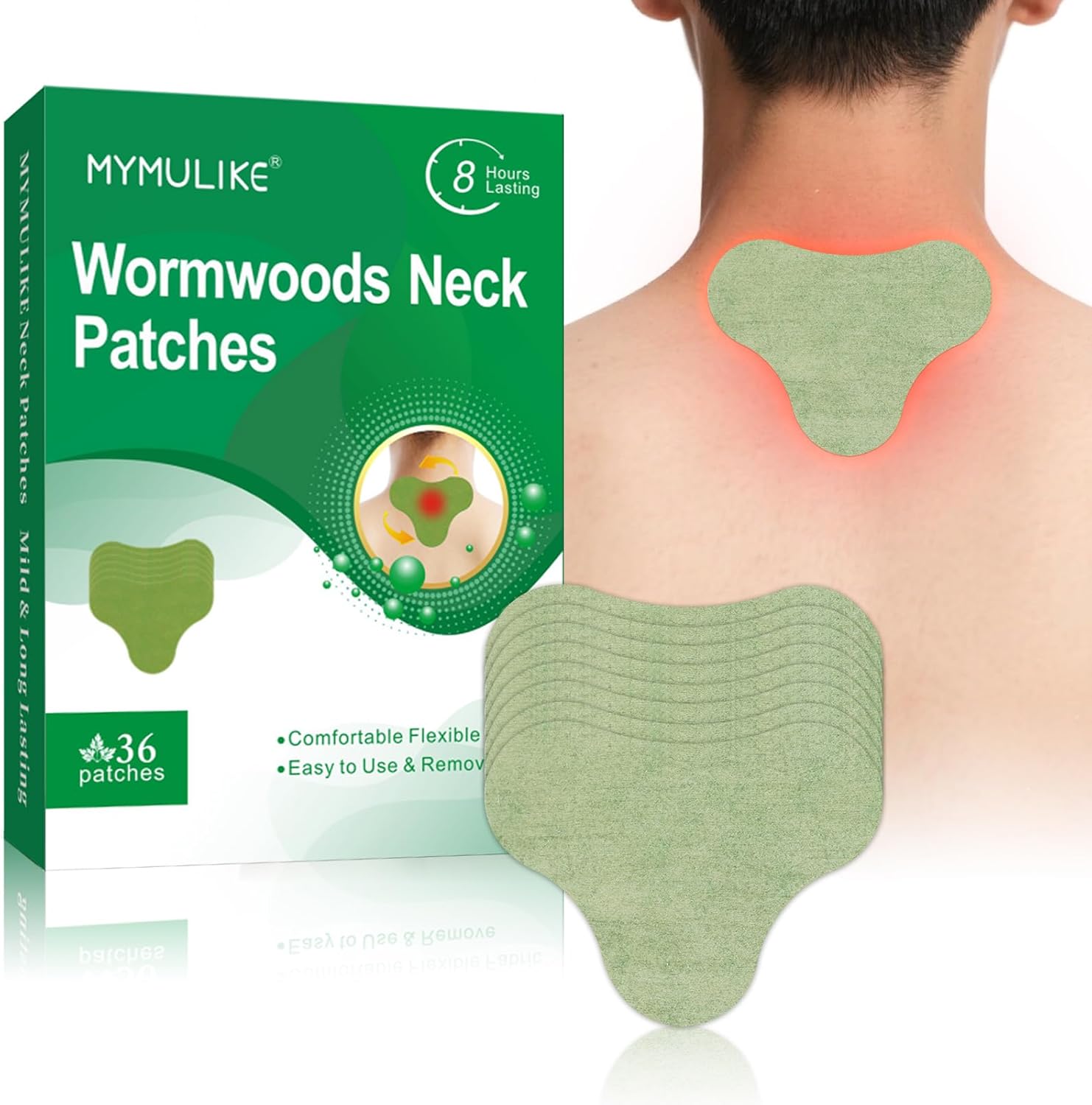 MYMULIKE neck patches warming herbal plaster green packaging front view for muscle stiffness relief