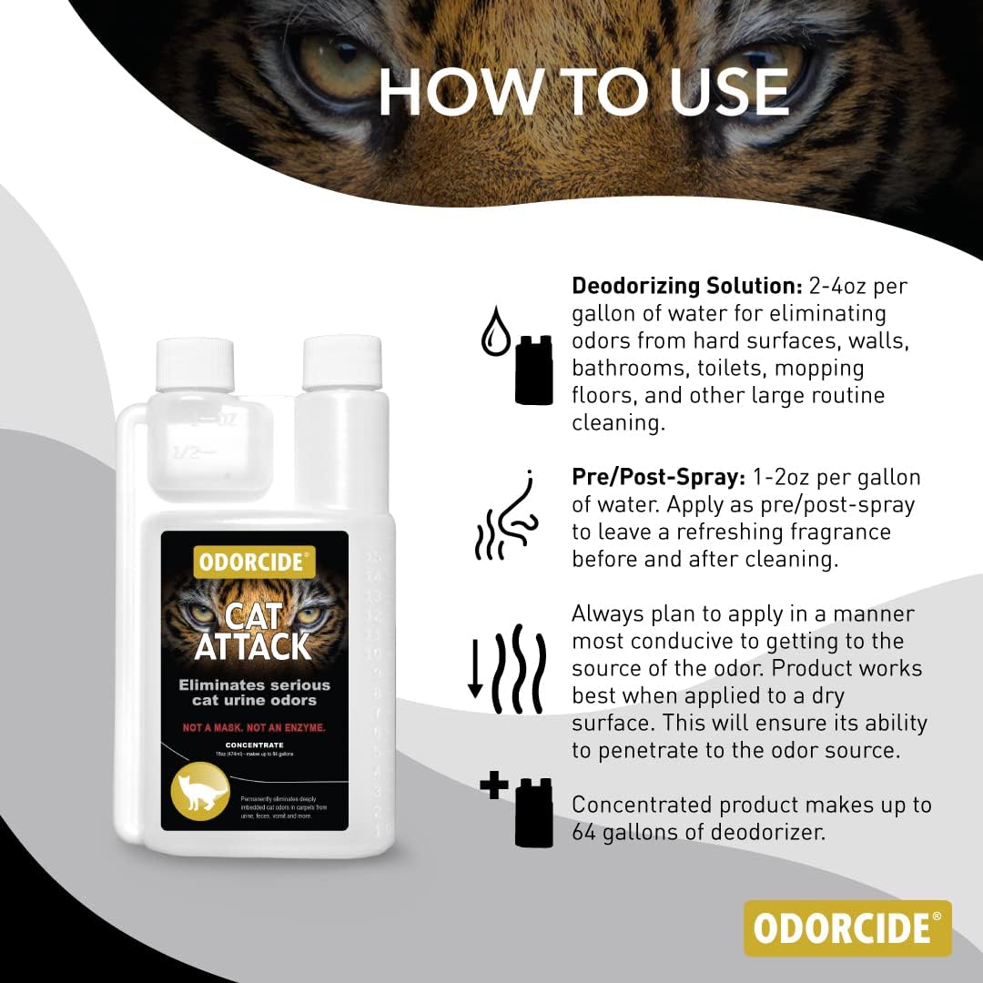 Odorcide Cat Attack 16 Ounce bottle showing dilution instructions