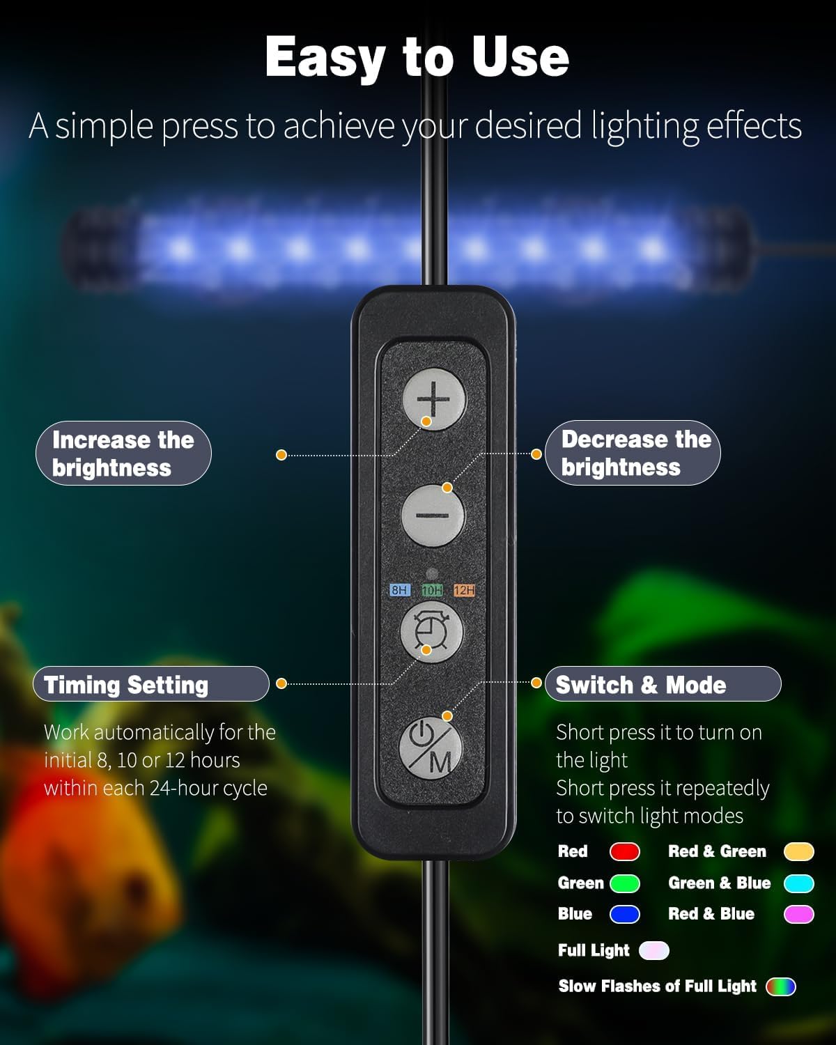 Pawfly 1.8 W Aquarium LED Light 7.5 Inch Underwater Fish Tank Light with Timer Auto On/Off Fish Tank Background Lights with 8 Lighting Modes Submersible Multi-Colored Tube Lights for Decoration - Image 3