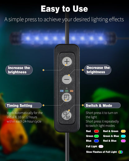 Pawfly 1.8 W Aquarium LED Light 7.5 Inch Underwater Fish Tank Light with Timer Auto On/Off Fish Tank Background Lights with 8 Lighting Modes Submersible Multi-Colored Tube Lights for Decoration - Image 3