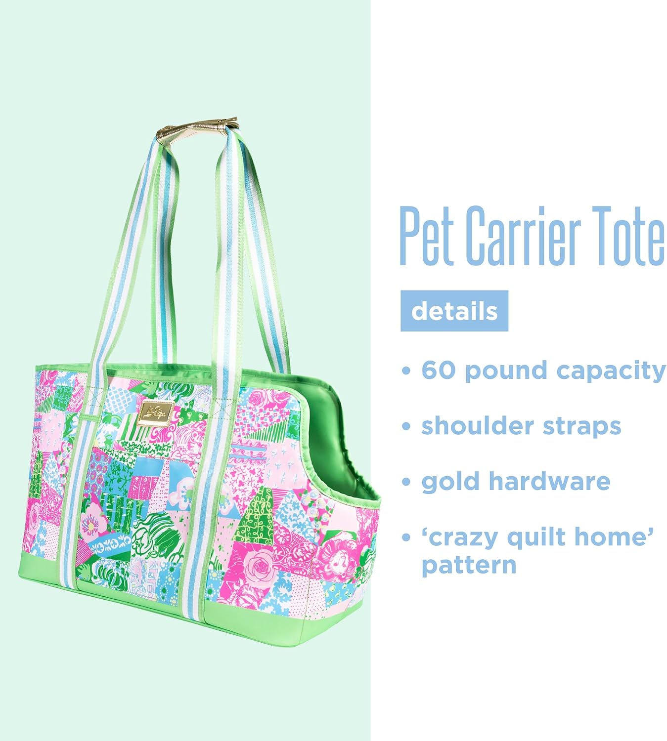 Lilly Pulitzer Small Pet Carrier with Removable Padded Insert, Shoulder Straps, 60 lb Capacity, Open-Top with Gold Buckle Closure & Safety Clip, and Exterior Pocket (Crazy Quilt Home) - Image 5