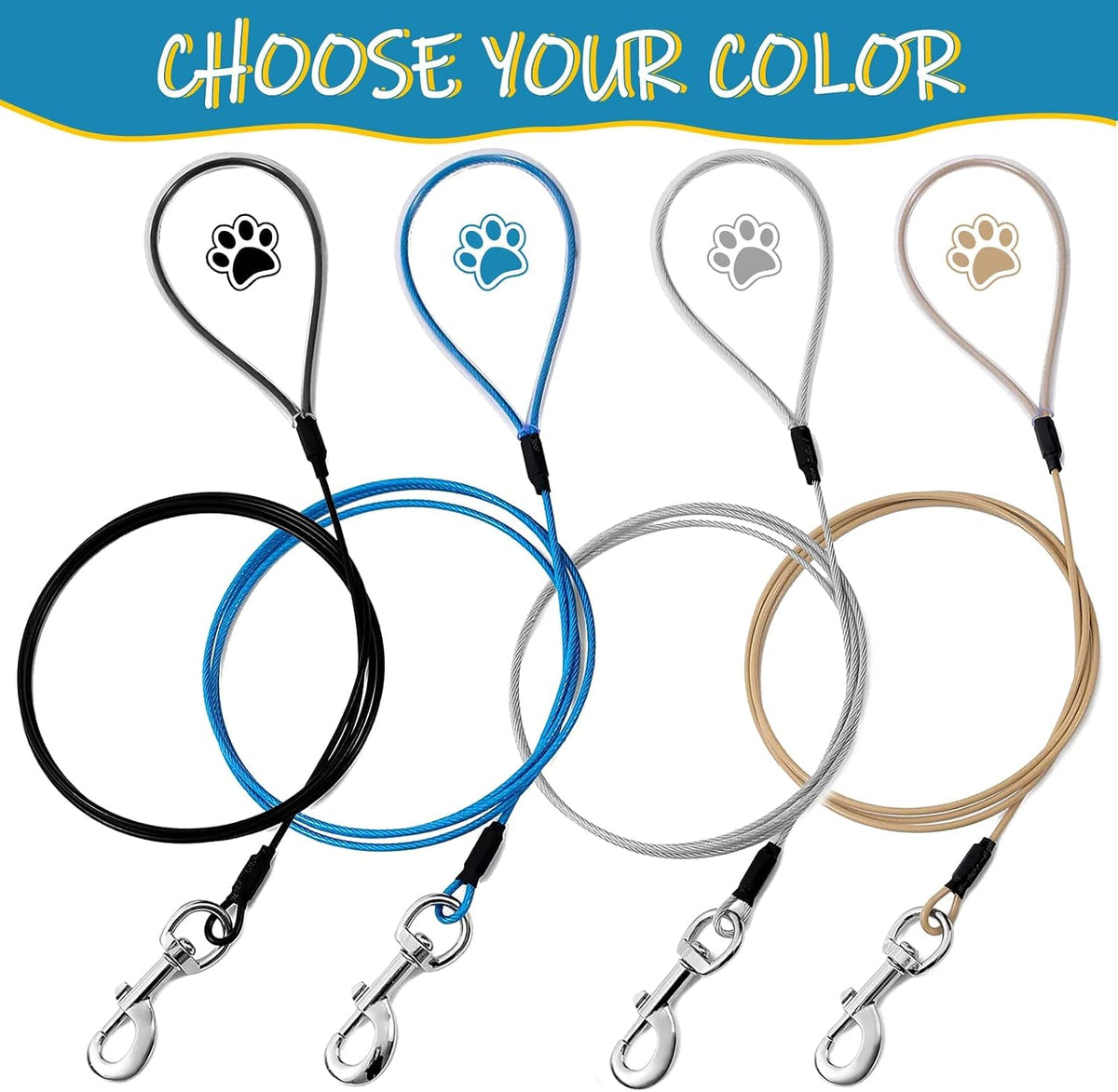 Black and blue coated wire rope dog leash for aggressive chewers