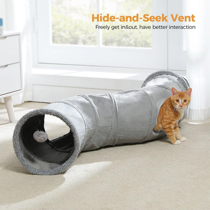 Two indoor kittens playing inside the S-shaped pet tunnel highlighting the dual peek holes.
