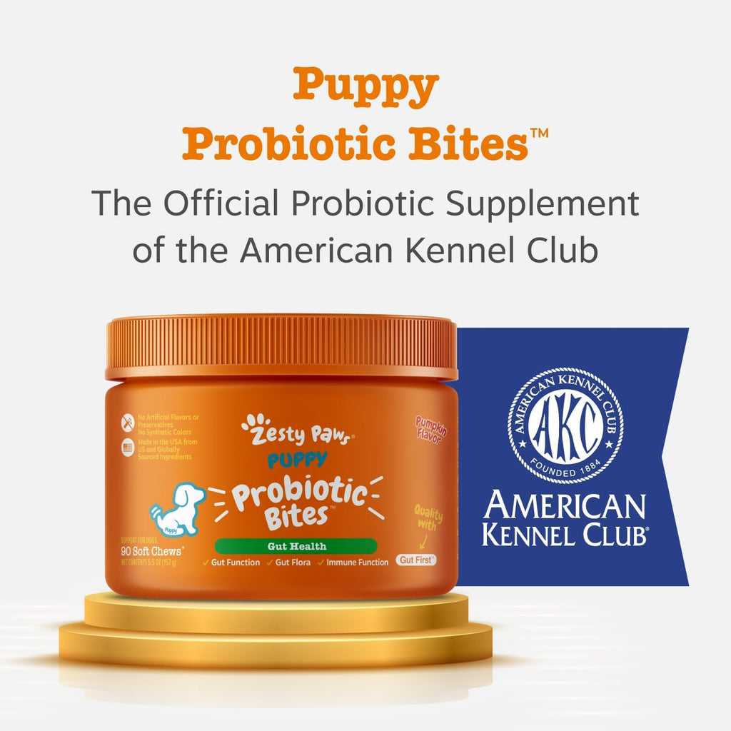 Zesty Paws puppy gut health supplement packaging displaying product benefits