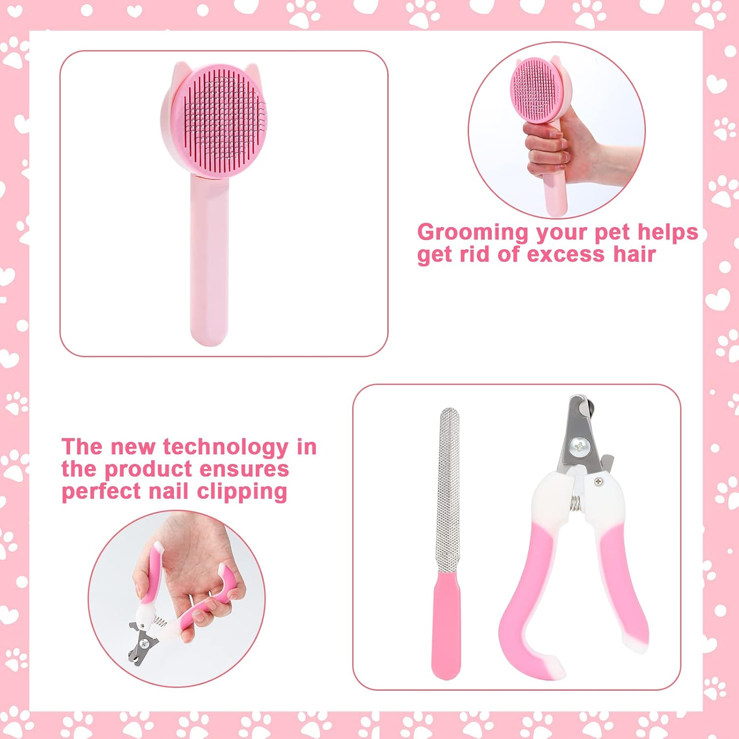 Pink silicone shampoo bath brush and two flexible finger toothbrushes for pet dental hygiene.