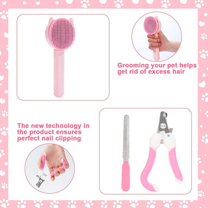 Pink silicone shampoo bath brush and two flexible finger toothbrushes for pet dental hygiene.
