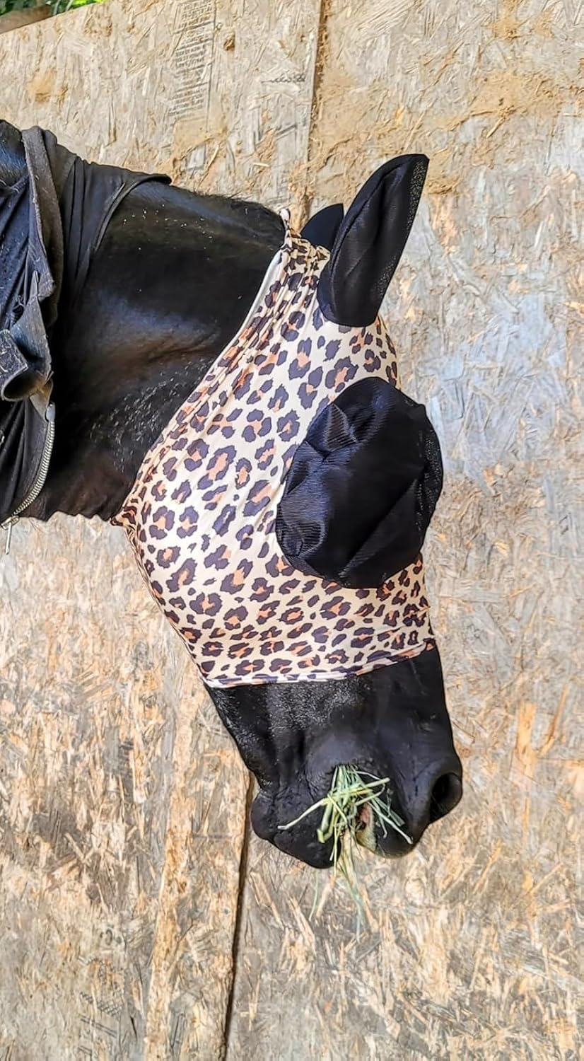Fly mask showing large eye openings for clear visibility