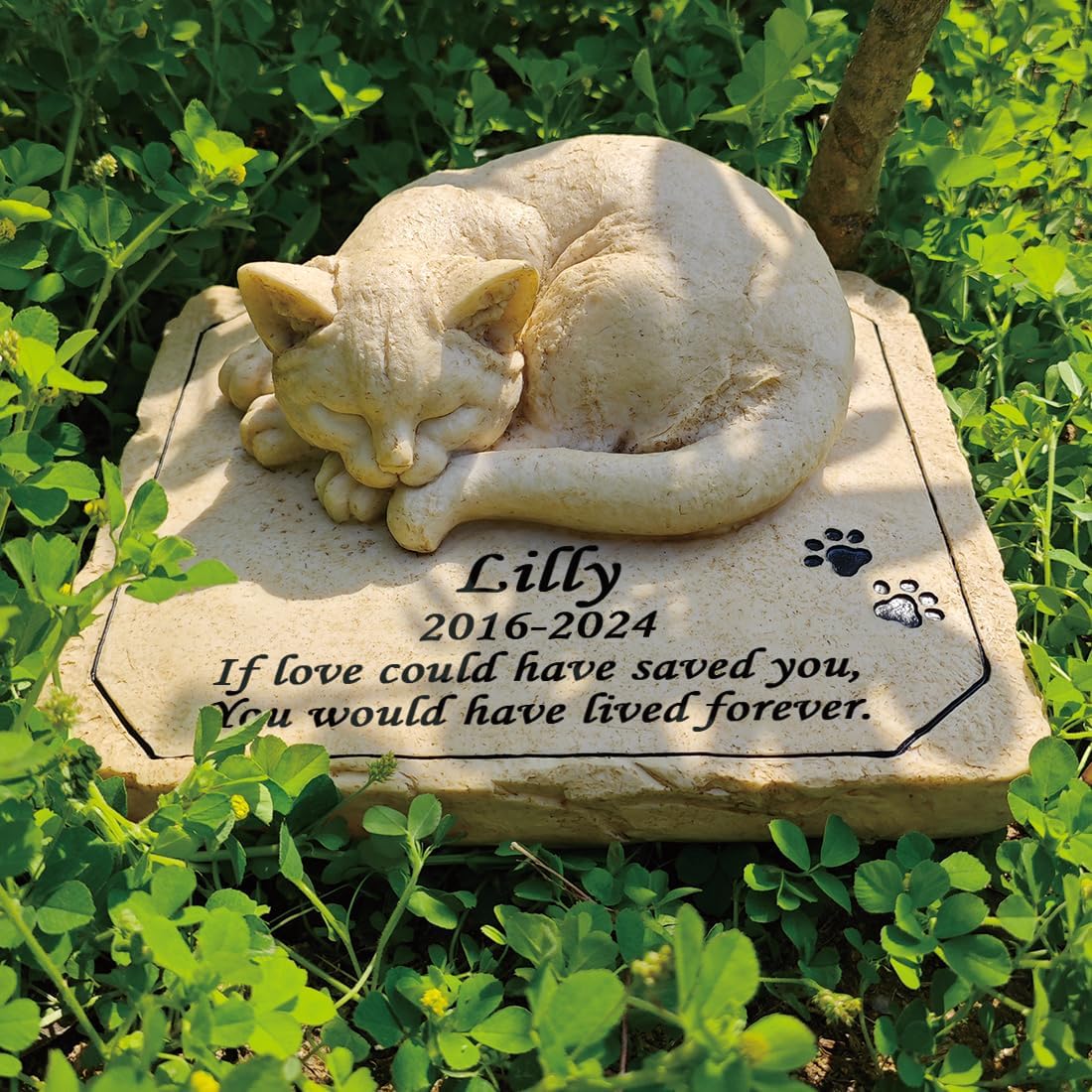 Youruitom personalized cat memorial stone front view showing sleeping cat sculpture.