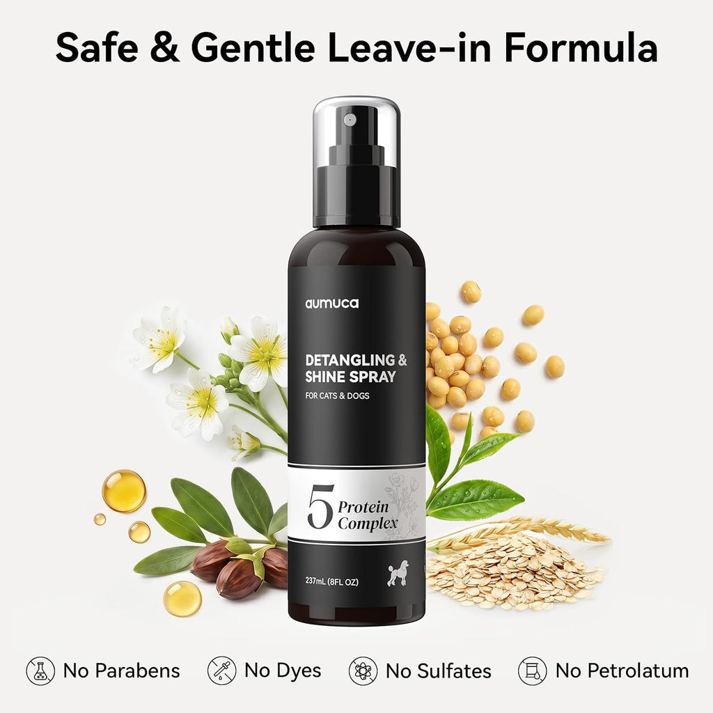 Aumuca meadowfoam scent dog detangler nozzle cap view showing bottle details.