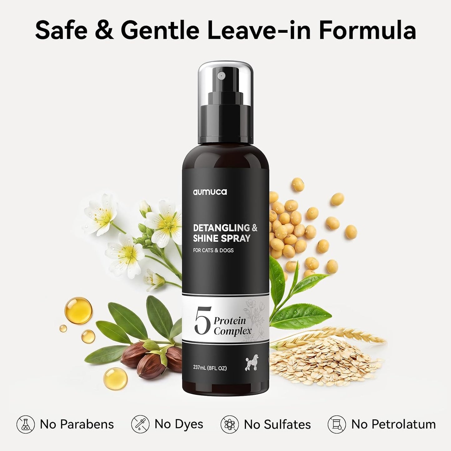 Aumuca meadowfoam scent dog detangler nozzle cap view showing bottle details.